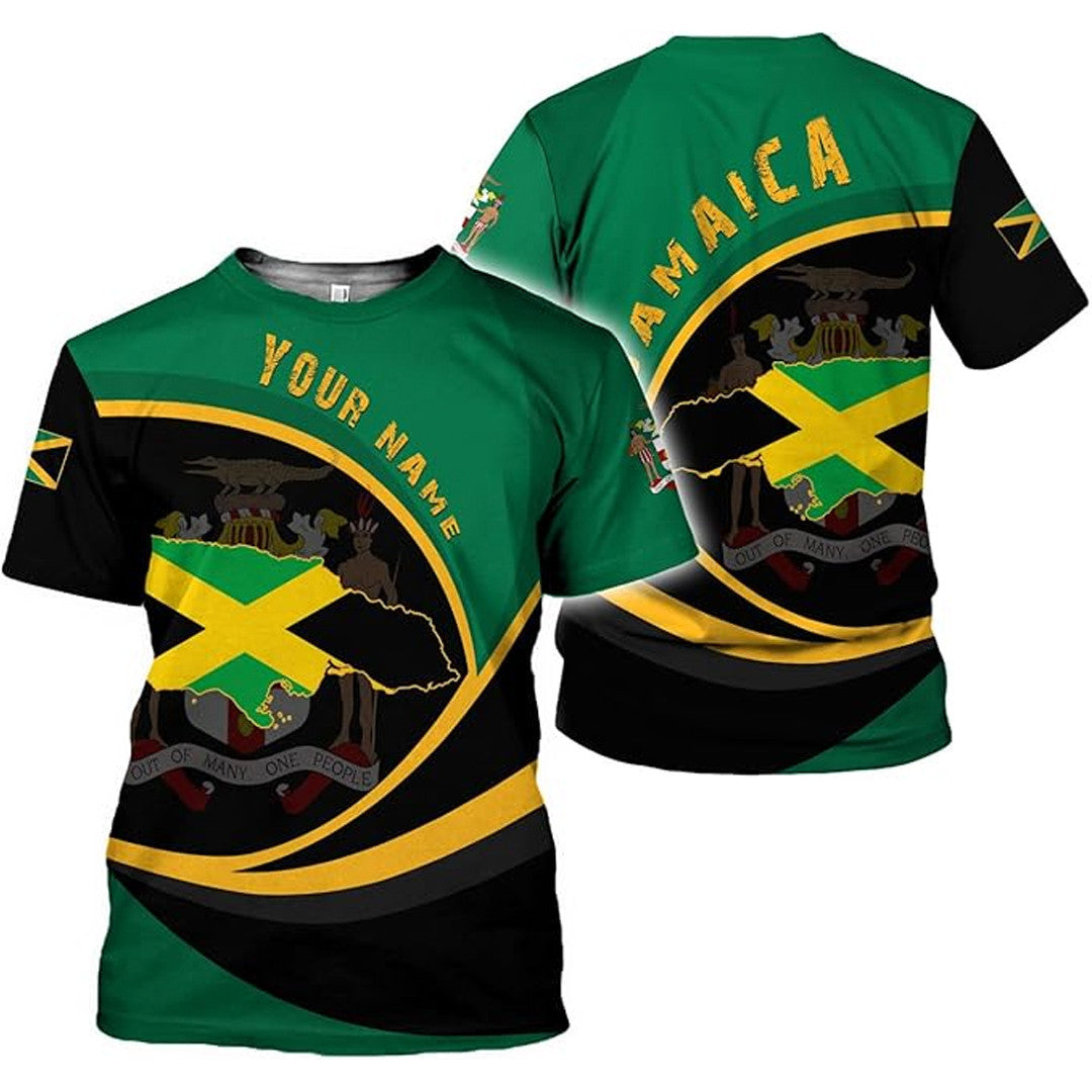 T Shirt Custom Jamaica Symbol Coat Of Arms, Jamaica Flag And Map, Style Many Diagonal Stripes T Shirt