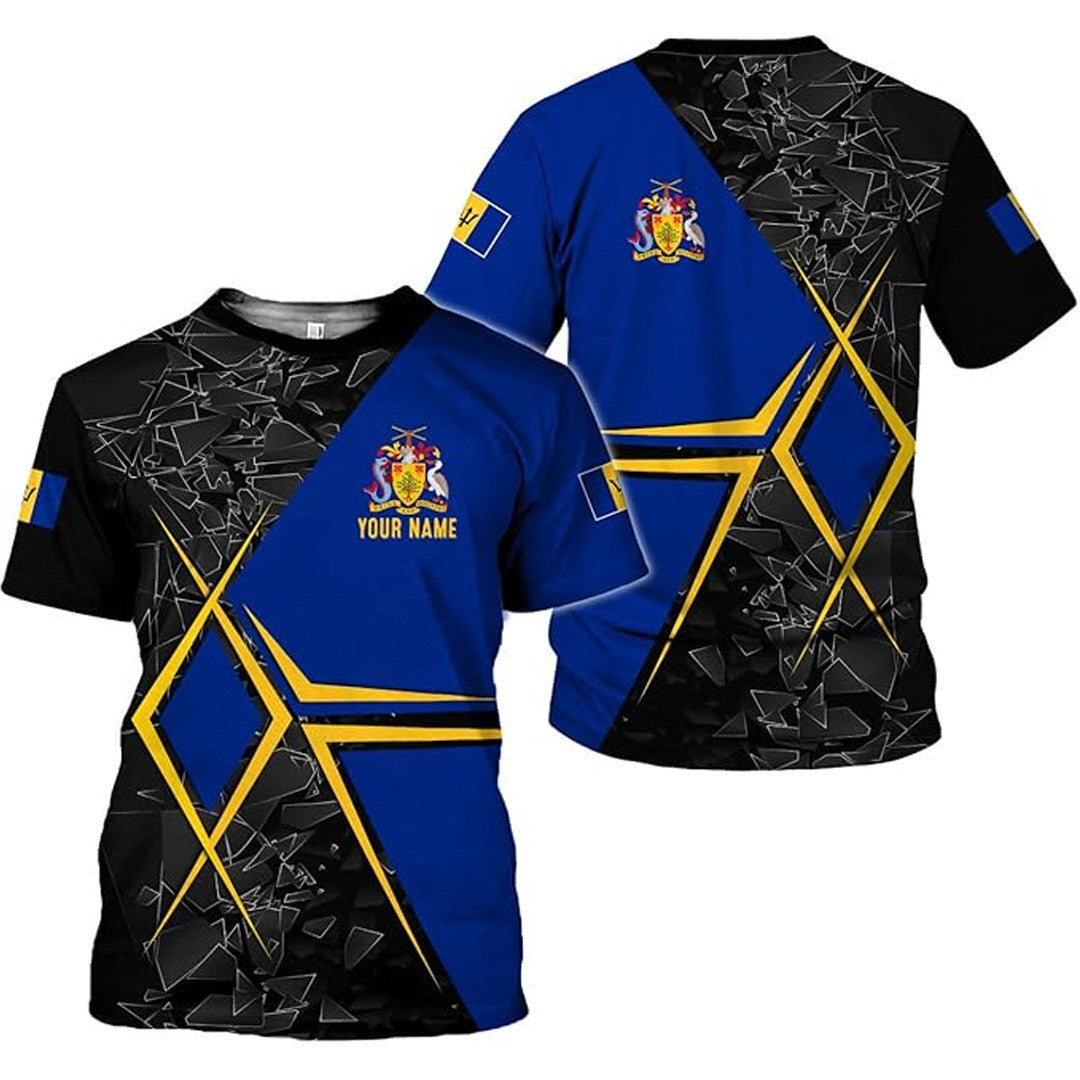 T Shirt Country Custom Barbados Symbol Coat Of Arms, Barbados Flag, Style Piece Of Glass And Diamond Stripes T Shirt