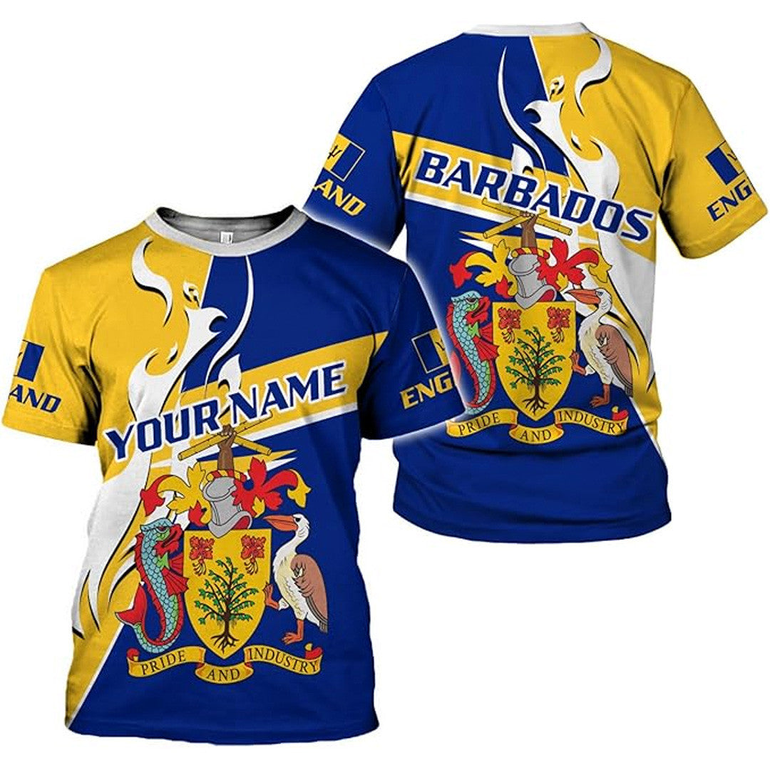 T Shirt Country Custom Barbados Symbol Coat Of Arms, Barbados Flag, Stylized Flame T Shirt