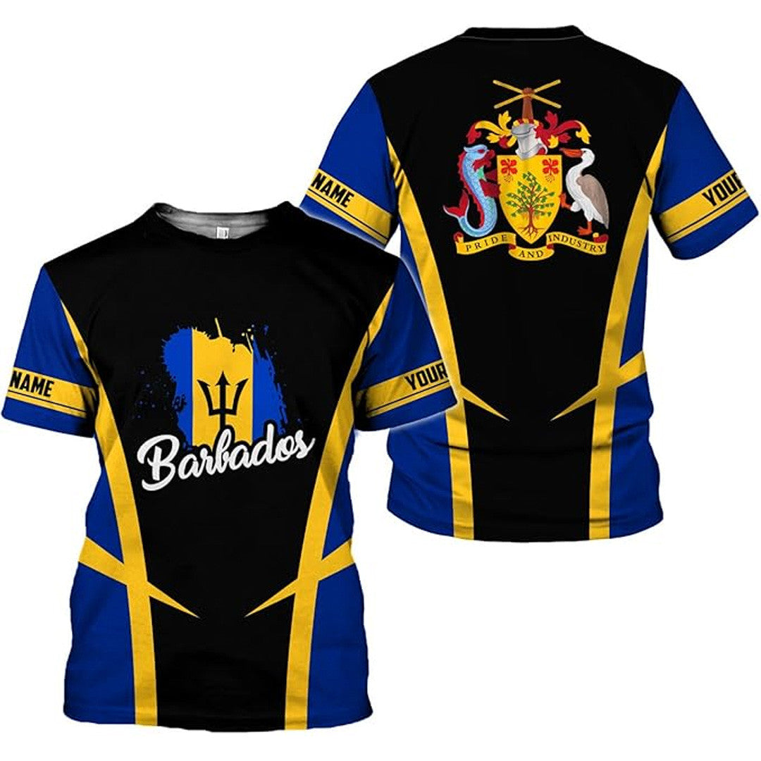 T Shirt Country Custom Barbados Symbol Coat Of Arms, Barbados Flag, Stylized Stripes T Shirt