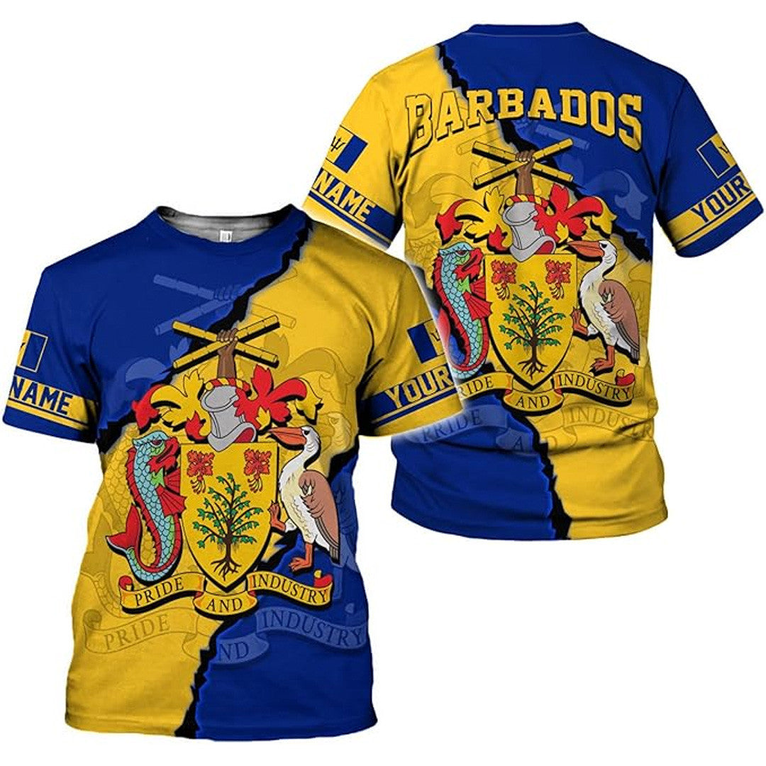 T Shirt Country Custom Barbados Symbol Coat Of Arms, Barbados Flag, Trinidad & Tobago Flag And Map, Style Divide The Diagonal Color Array T Shirt