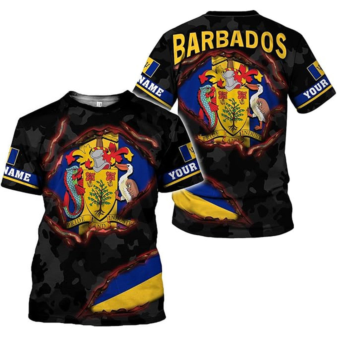 T Shirt Country Custom Barbados Symbol Coat Of Arms, Barbados Flag, Style Hidden Background T Shirt