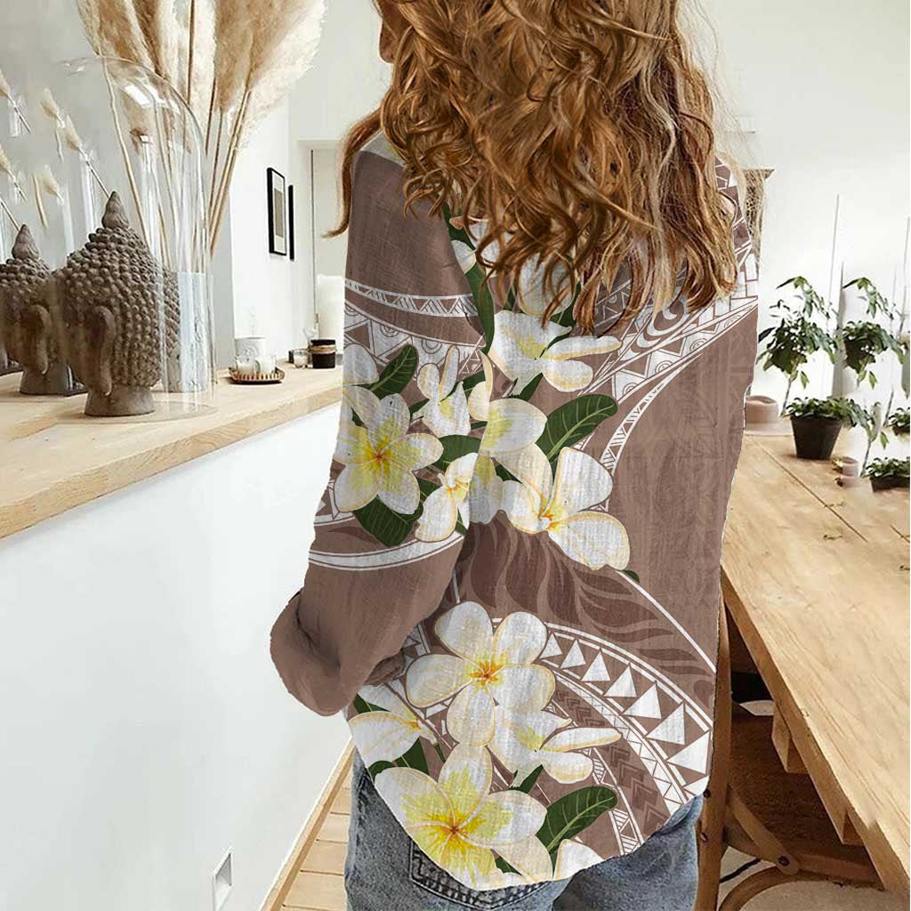 Aloha Hawaii Festive Women Casual Shirt Frangipani Lace Classic Beige