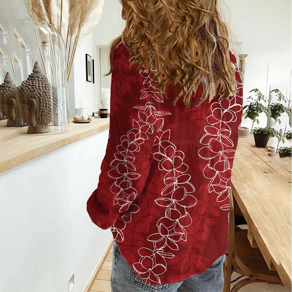 Hawaii Plumeria Lei Women Casual Shirt Aloha Festive Vibe Crimson