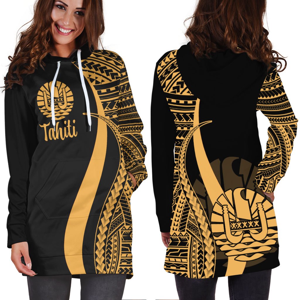 Tahiti Women's Hoodie Dress Gold Polynesian Tentacle Tribal Pattern