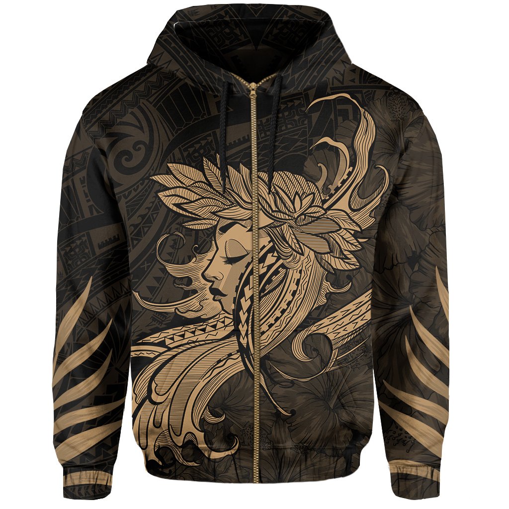 Polynesian Tropic Hula Girl Hibiscus Hawaii Zip Hoodie Gold