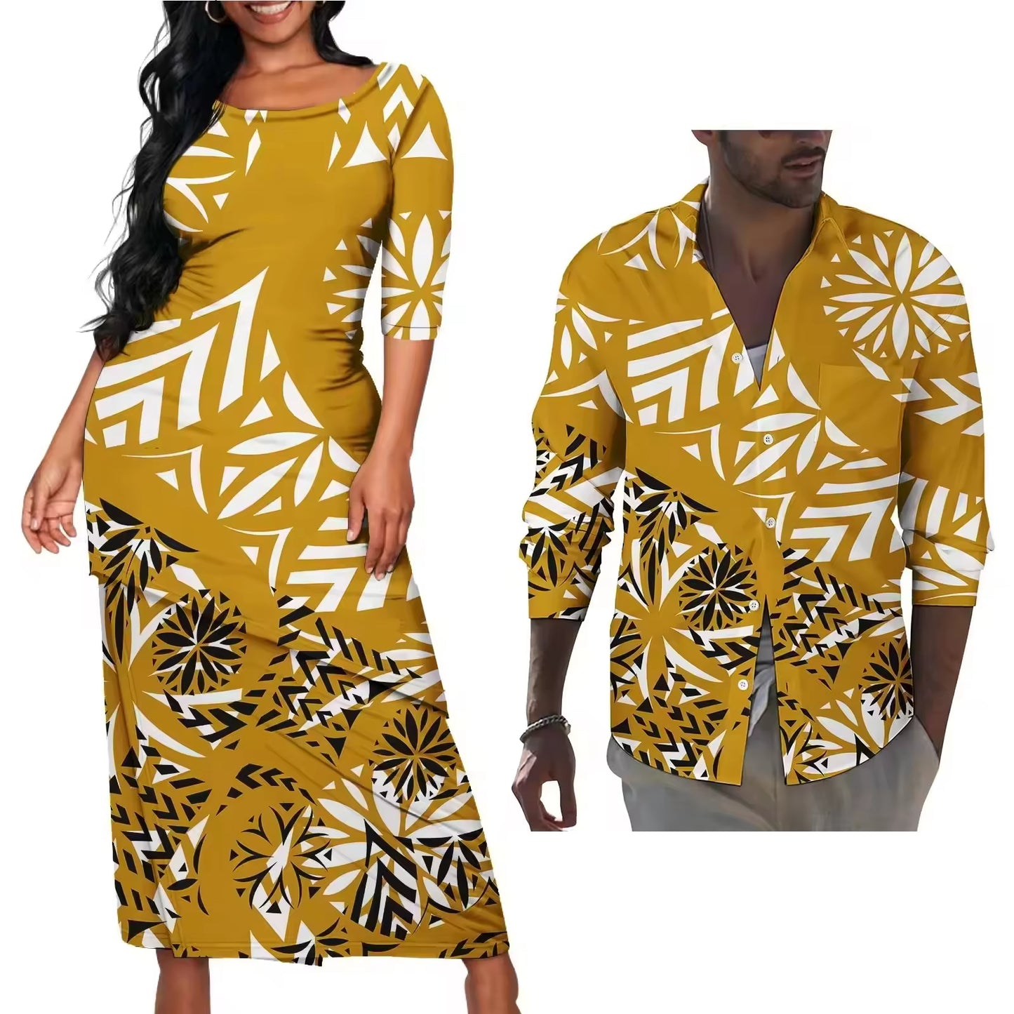 Vintage Polynesian Flowers Pattern Couple Matching Outfit Polynesian Tribal Yellow Puletasi Dress Men's Long Sleeve Button Shirt