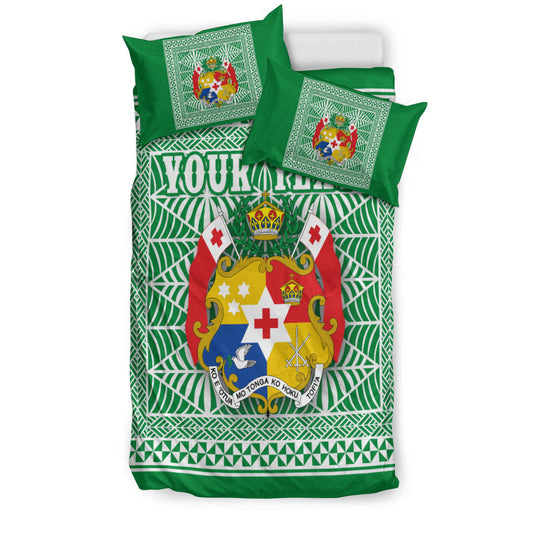 (Custom Personalised) Tonga Pattern Bedding Set Coat of Arms Green and White