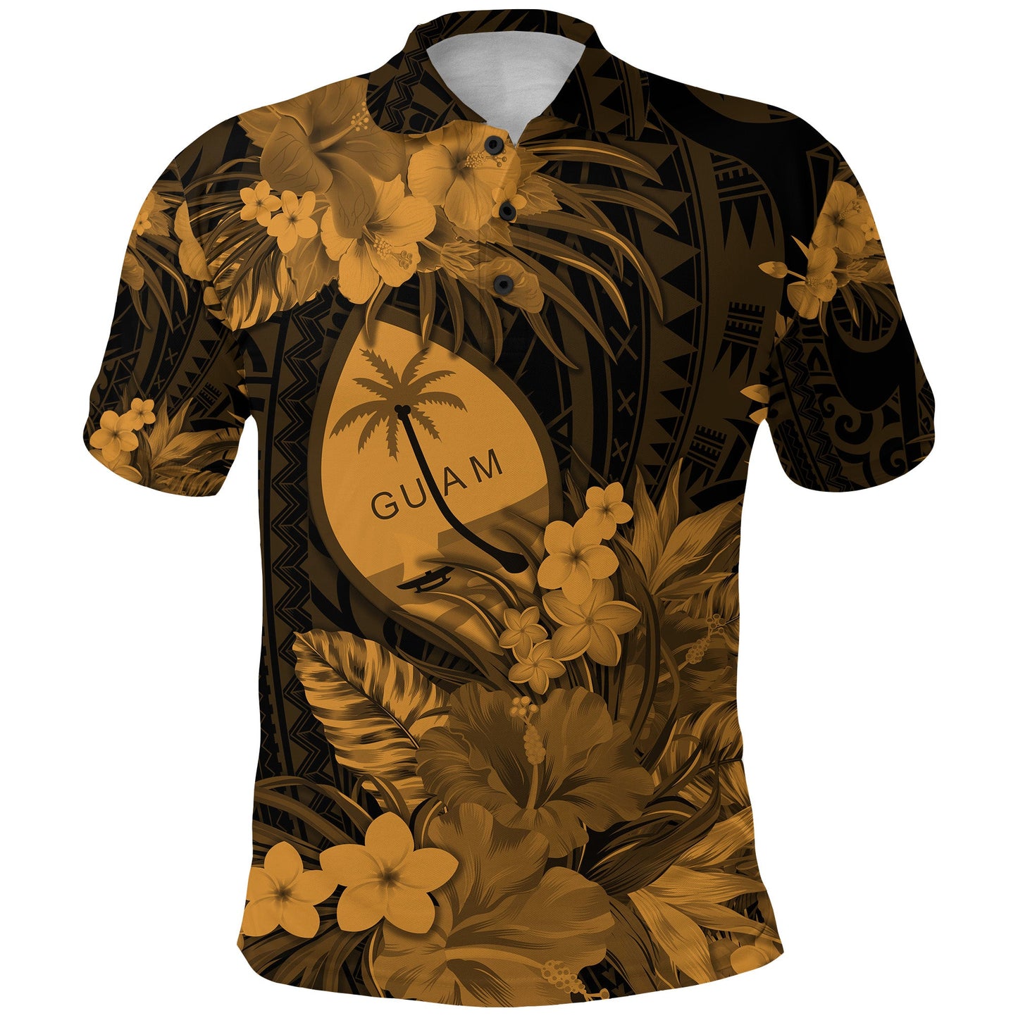 Guam Polynesian Polo Shirt Tropical Flowers - Tan