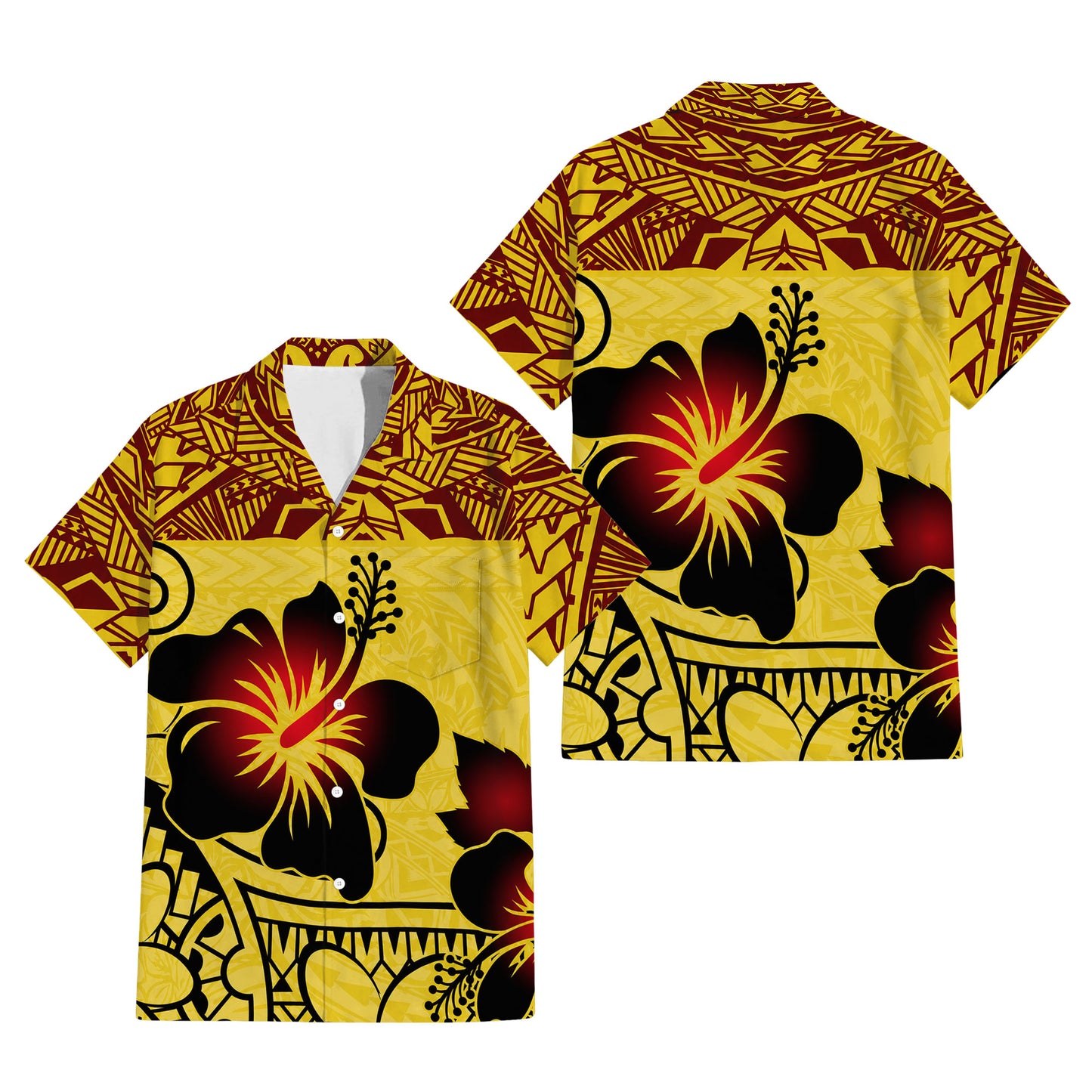 Polynesian Tribal Hibiscus Flowers Yellow Matching Outfit For Couple Island Puletasi Dress And Hawaiian Shirt For Her Him