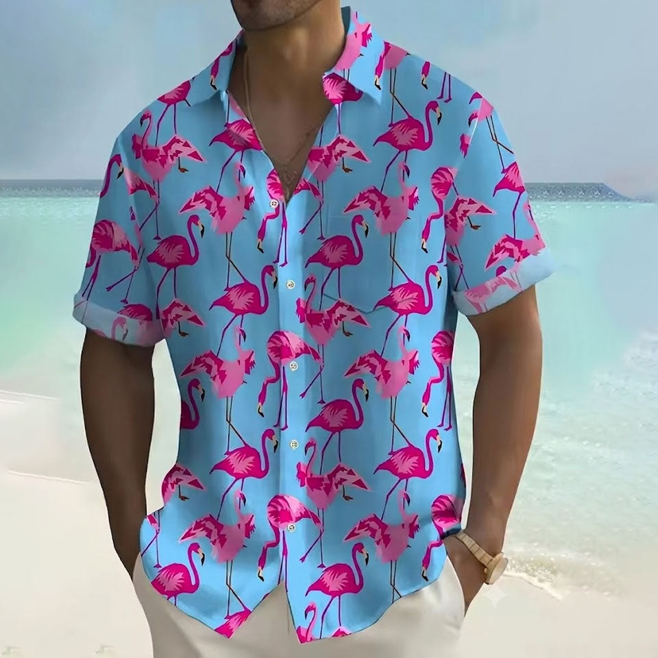 Flamingo Summer Hawaiian Shirt Tropical Island Summer Printed Short Sleeve Shirt