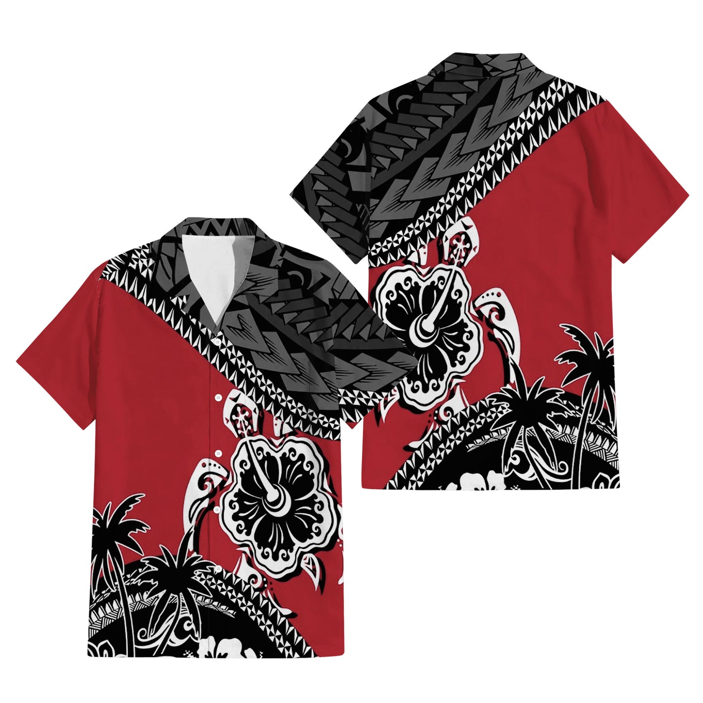 Polynesian Turtle Hibiscus Flowers Pattern Matching Outfit For Couple Island Puletasi Dress And Hawaiian Shirt For Her Him