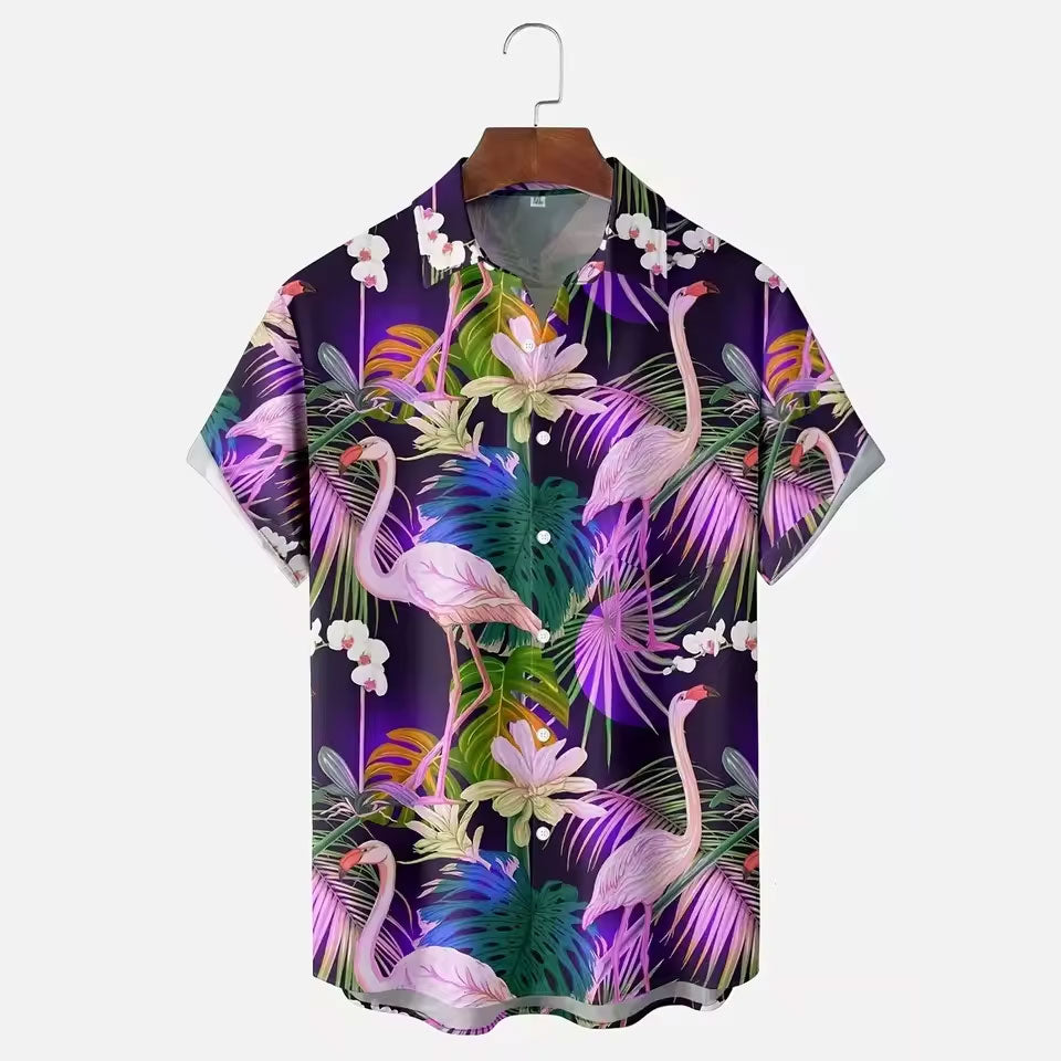 Flamingo Tropical Leaf Pattern Hawaiian Shirt Tropical Island Summer Printed Short Sleeve Shirt