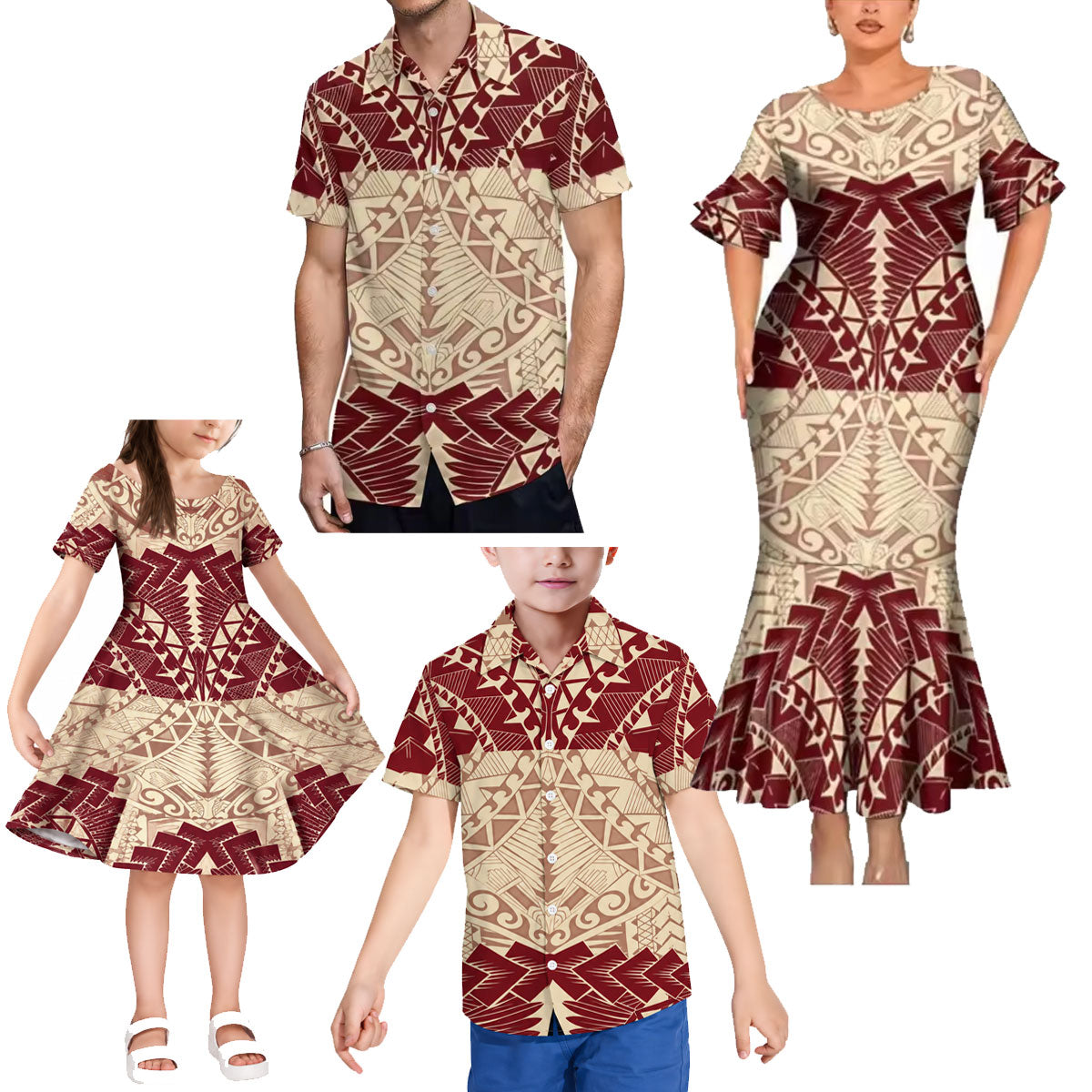 Polynesian Tribal Pattern Matching Outfit For Family Island Short Sleeve Mermaid Long Dress And Shirt