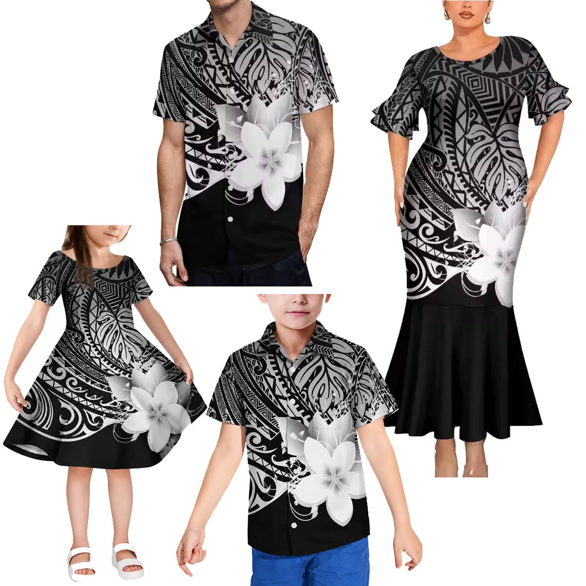 Polynesian Black Flowers Pattern Matching Outfit For Family Island Short Sleeve Mermaid Long Dress And Shirt