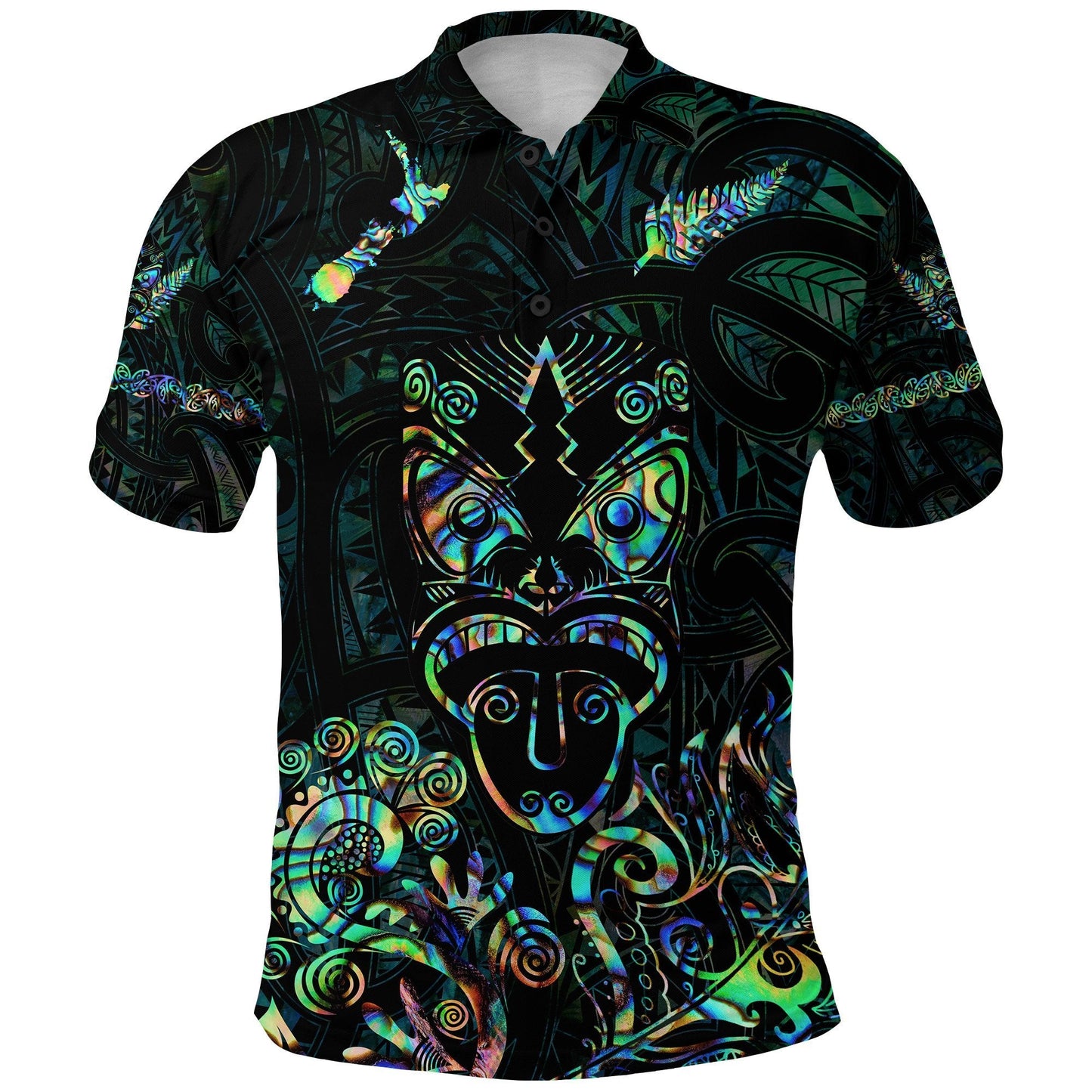 Maori Aotearoa Rugby Haka Polo Shirt New Zealand Silver Fern - Paua Shell