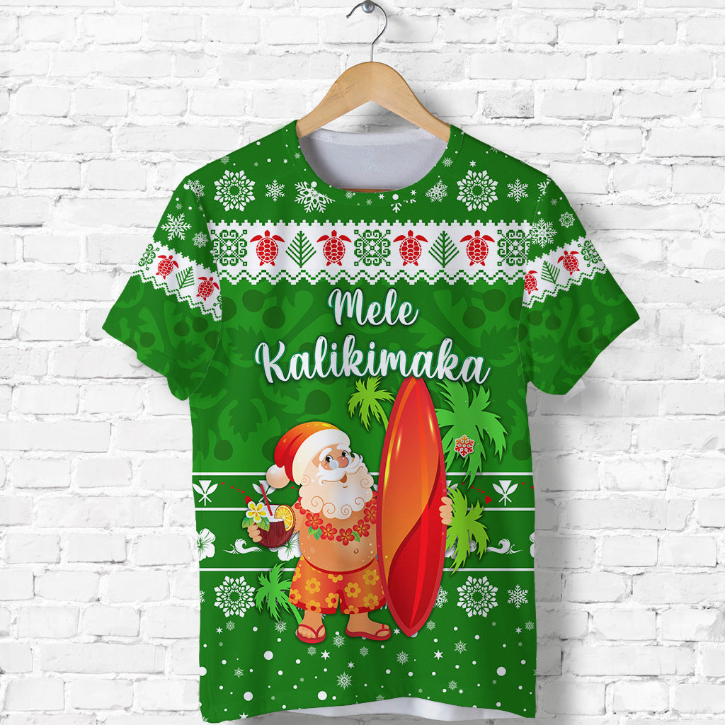 Hawaii Christmas T Shirt Santa Claus Surfing Simple Style Green