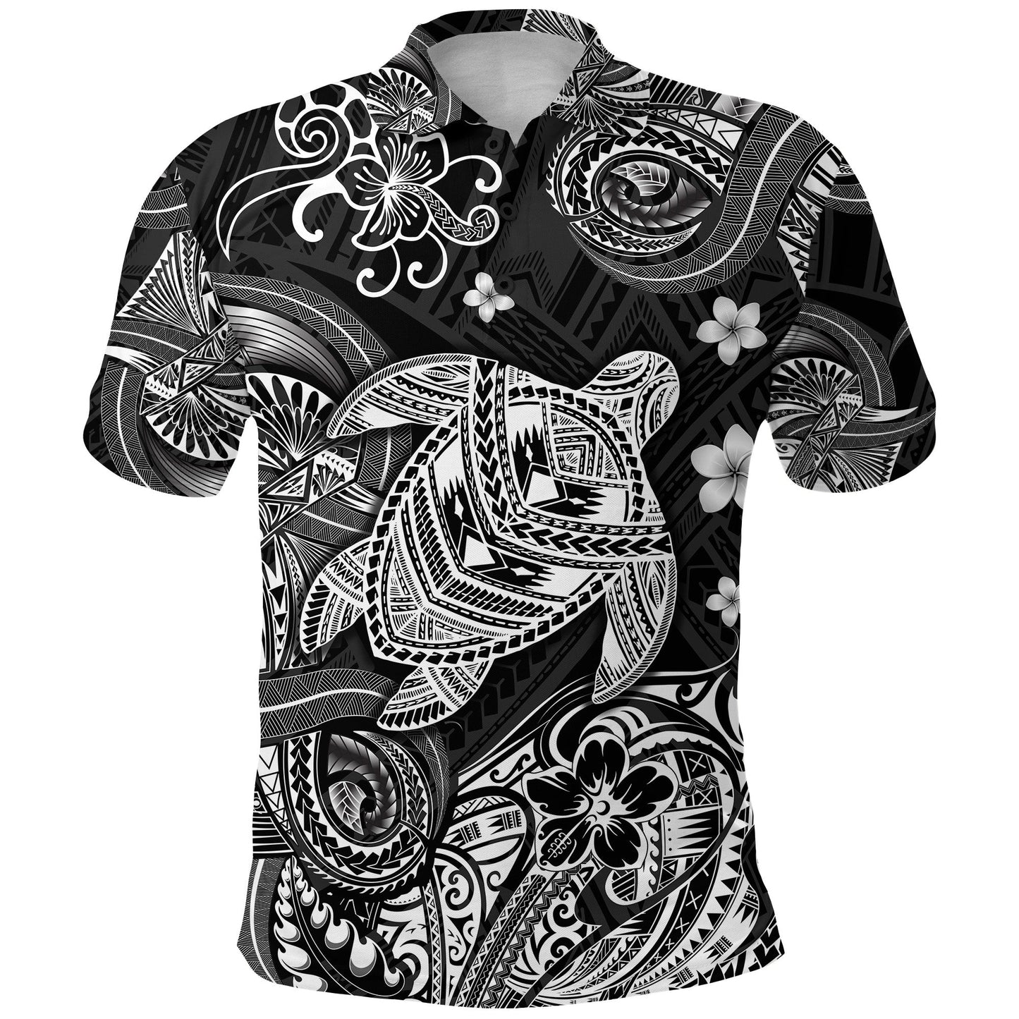 Hawaii Turtle Polynesian Polo Shirt Plumeria Flower Unique Style - Black