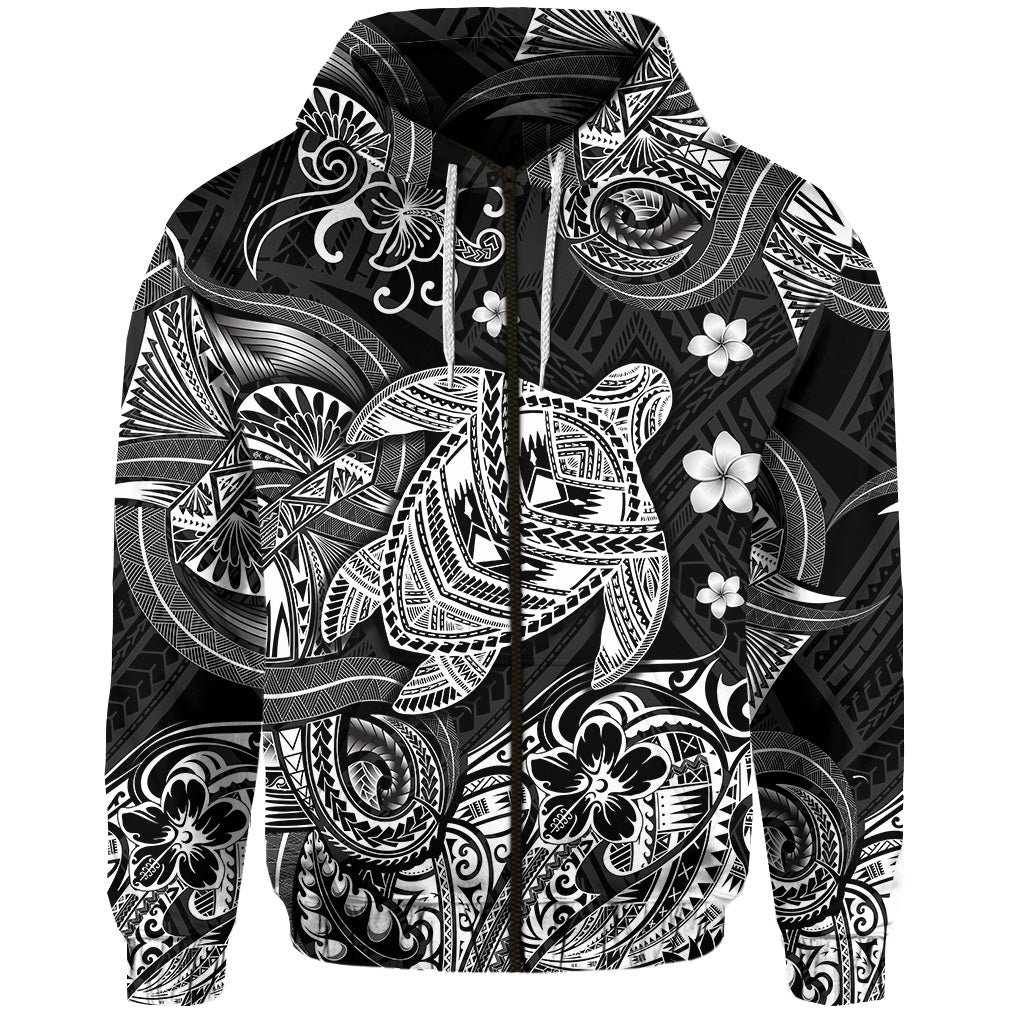 Hawaii Turtle Polynesian Zip Hoodie Plumeria Flower Unique Style Black