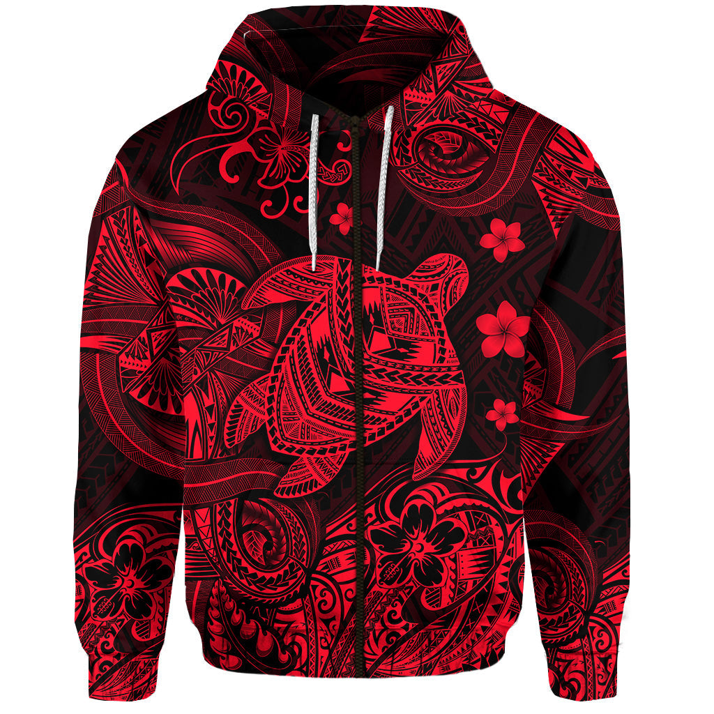 Hawaii Turtle Polynesian Zip Hoodie Plumeria Flower Unique Style Red