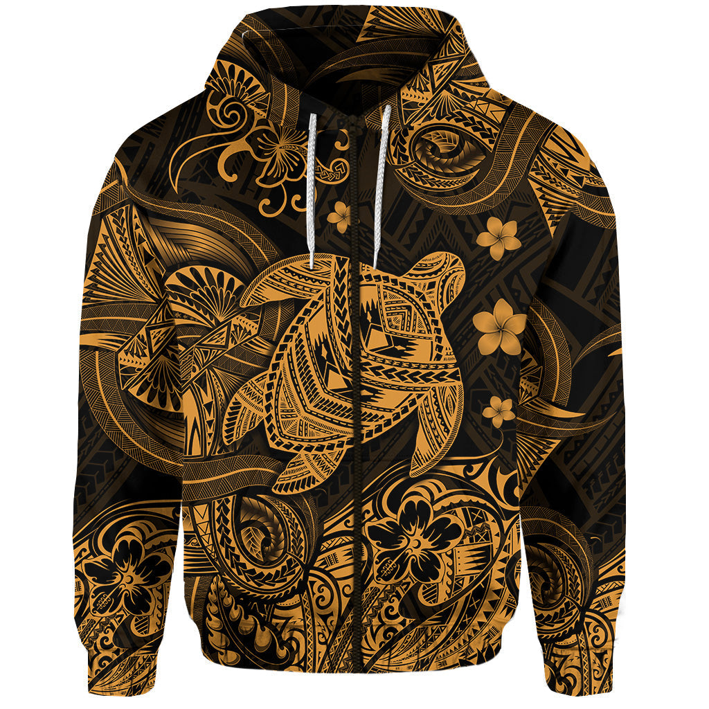 ( Personalised) Hawaii Turtle Polynesian Zip Hoodie Plumeria Flower Unique Style Gold