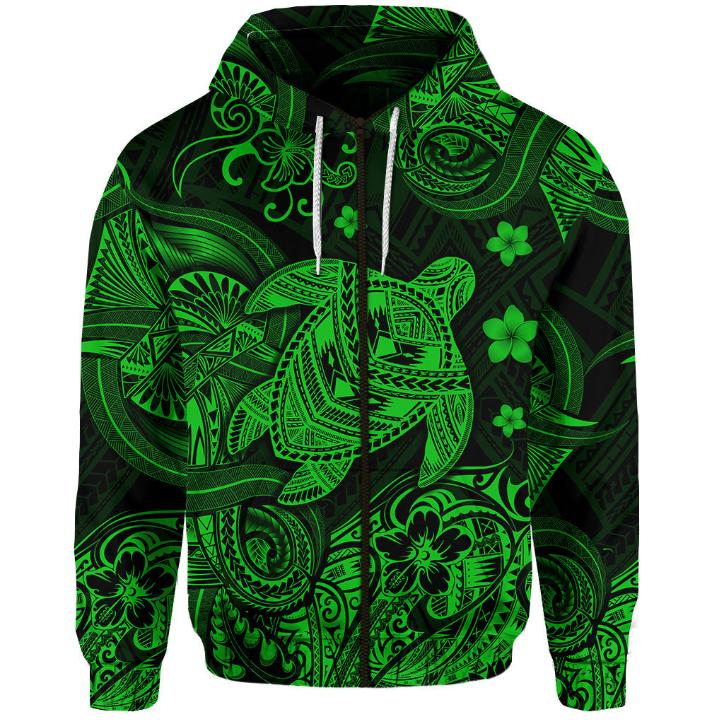 ( Personalised) Hawaii Turtle Polynesian Zip Hoodie Plumeria Flower Unique Style Green