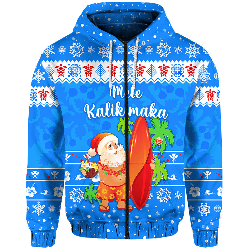 Hawaii Christmas Zip Hoodie Santa Claus Surfing Simple Style Blue
