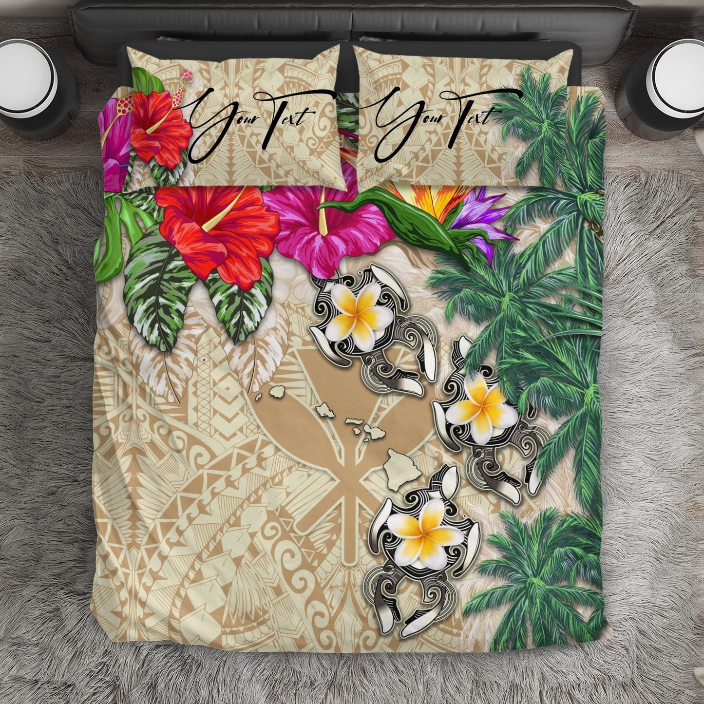 (Custom) Hawaii Bedding Set Hibiscus Turtle Beige Personal Signature