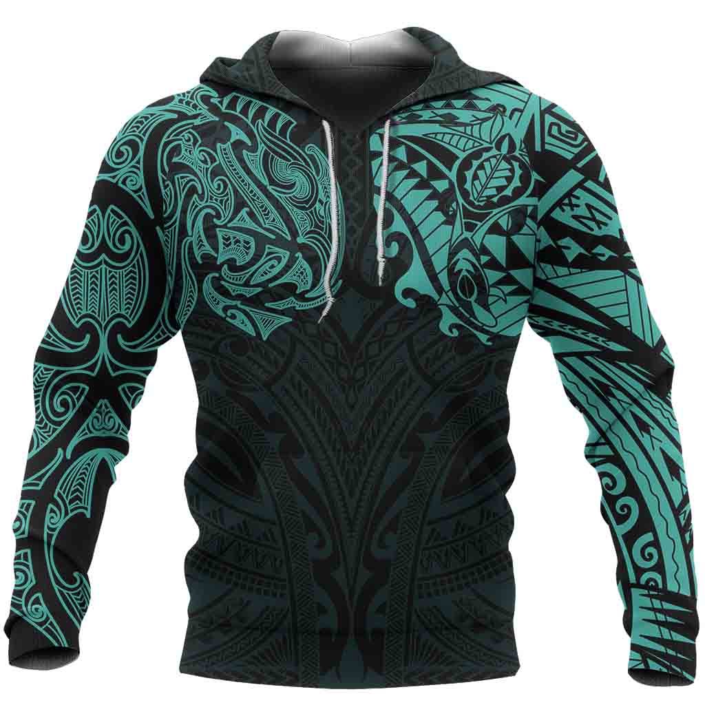 New Zealand Hoodie, Maori Polynesian Tattoo Turquoise