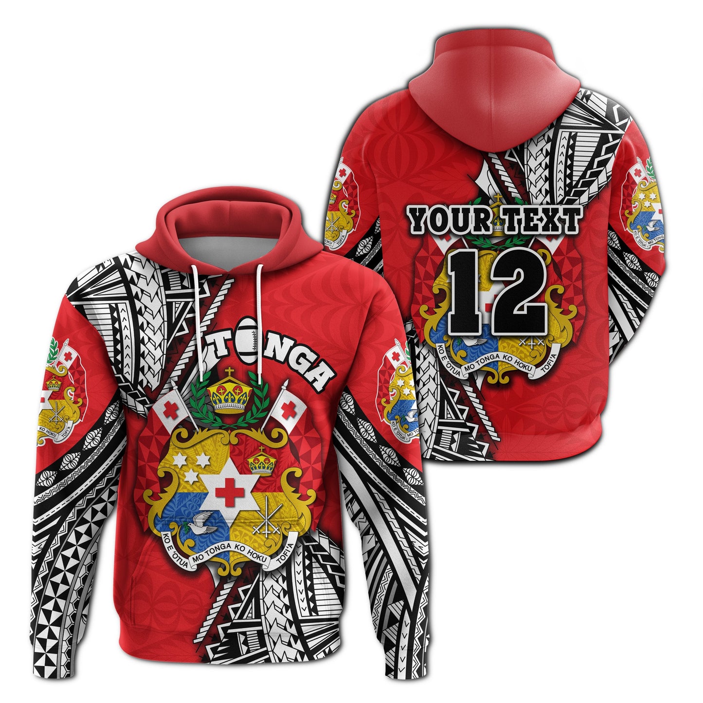 ( Personalised) Tonga Rugby Hoodie Polynesian Style Pinwheel Text and Number
