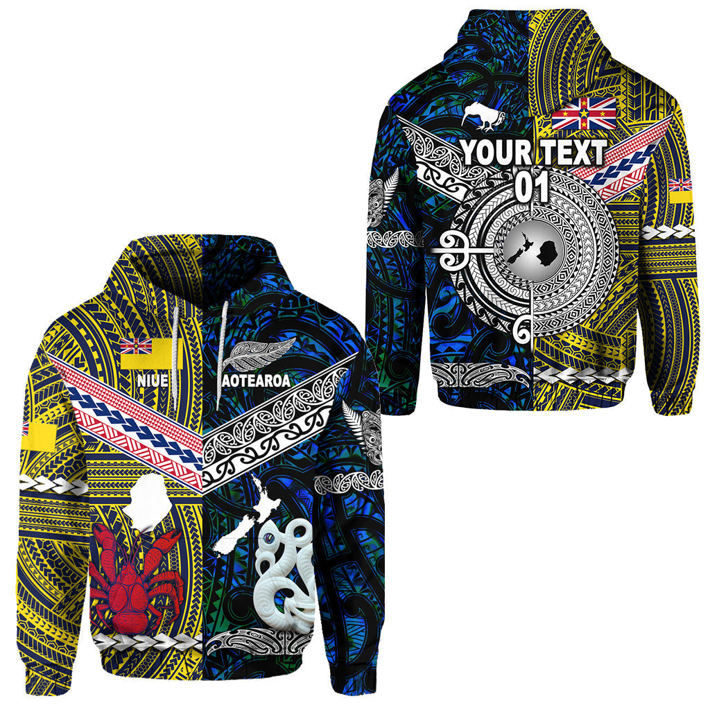 ( Personalised) New Zealand Maori Aotearoa And Niue Together Hoodie Blue, Text And Number