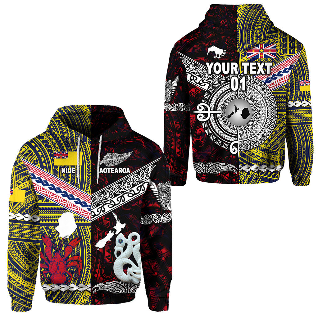 ( Personalised) New Zealand Maori Aotearoa And Niue Together Hoodie Red, Text And Number