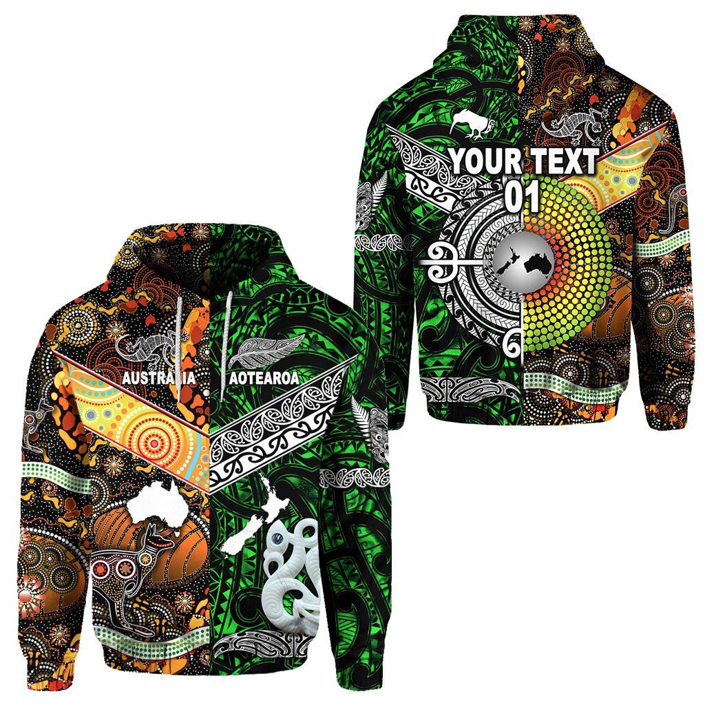 ( Personalised) New Zealand Maori Aotearoa And Australia Aboriginal Hoodie Together Green, Text And Number