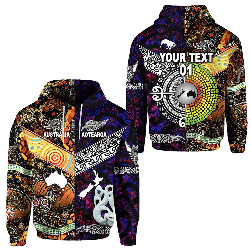 ( Personalised) New Zealand Maori Aotearoa And Australia Aboriginal Hoodie Together Purple, Text And Number