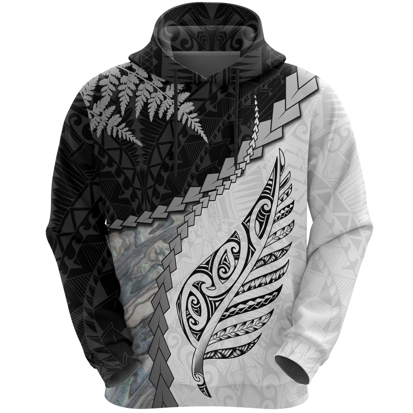 Paua Shell Hoodie Maori Silver Fern White