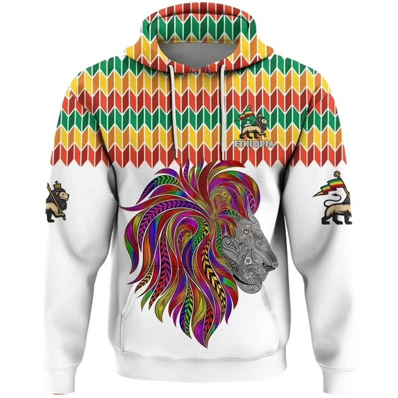 Ethiopia Flag Hoodie Men Retro Tribe Lion White Zip Hoodie