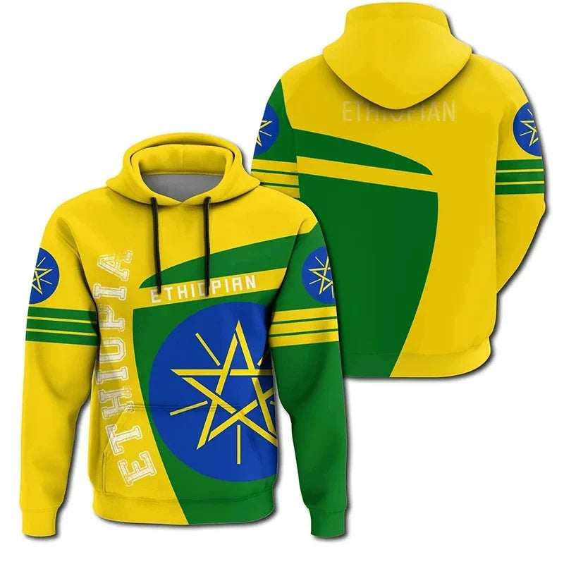 Ethiopia Flag Hoodie Men Retro Tribe Lion Curve Style Yellow Zip Hoodie