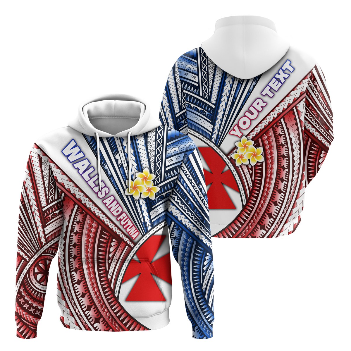 Custom Text Wallis and Futuna Hoodie Personalised Polynesian Style Plumeria Flowers Zip Up Hoodie