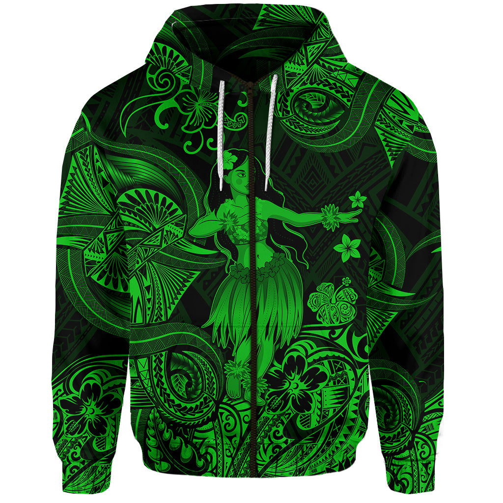 Hawaii Hula Girl Polynesian Zip Hoodie Unique Style Green