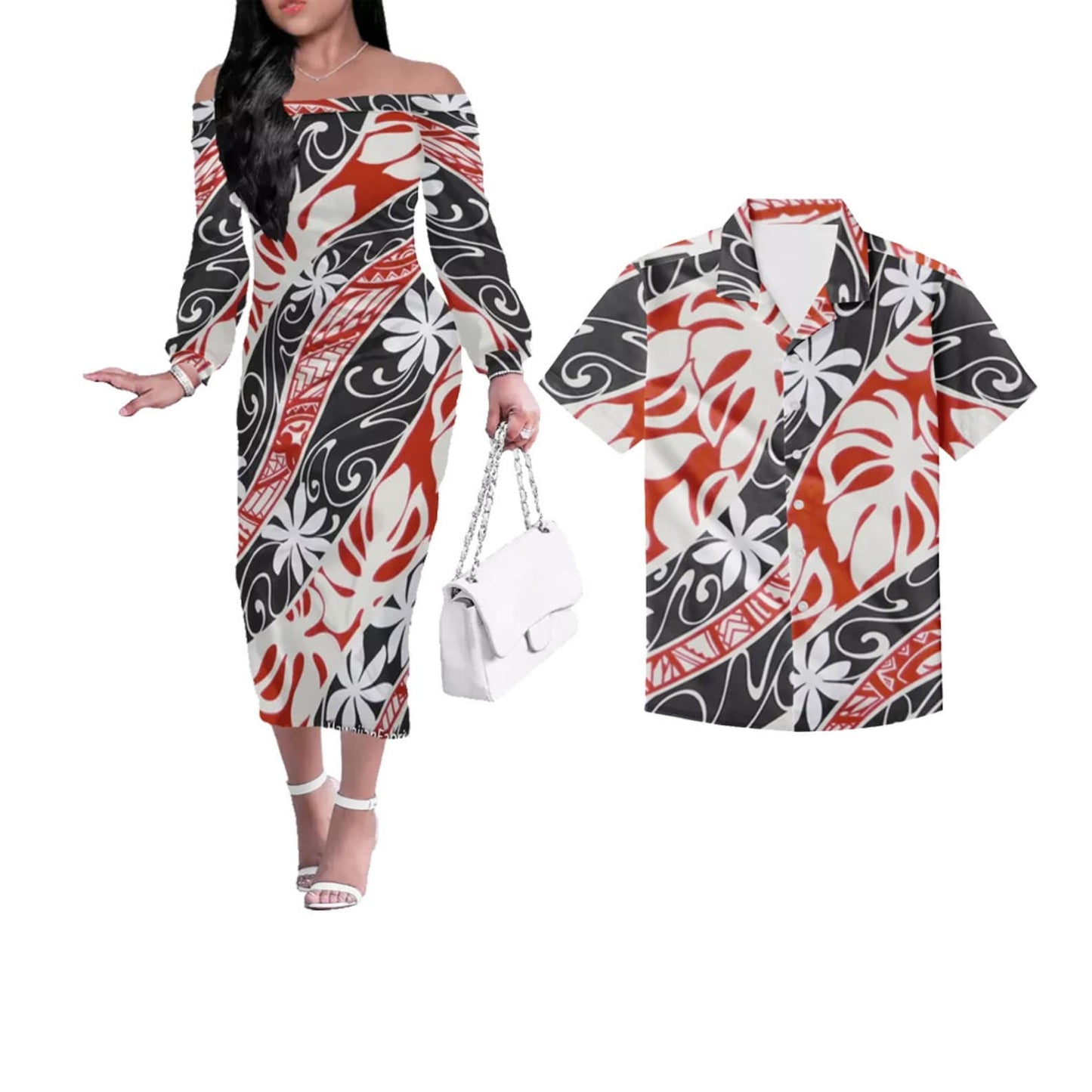 Polynesian Print Tribal Design Couples Matching Outfit Hawaii Shirt & Long Sleeve Dress