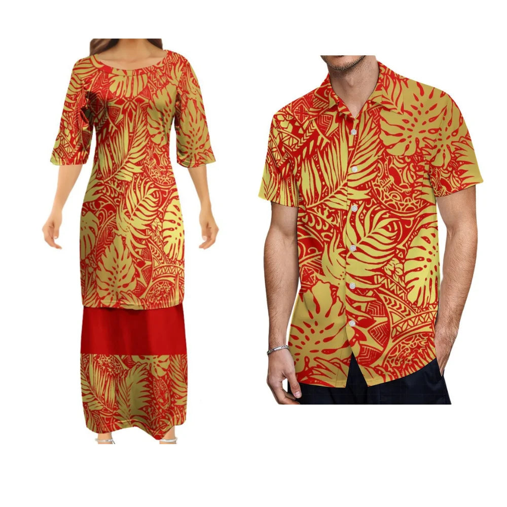 Samoa Tribal Matching Outfit Polynesian Tropical Leaf Pattern Dress And Hawaiian Shirt Couple Set