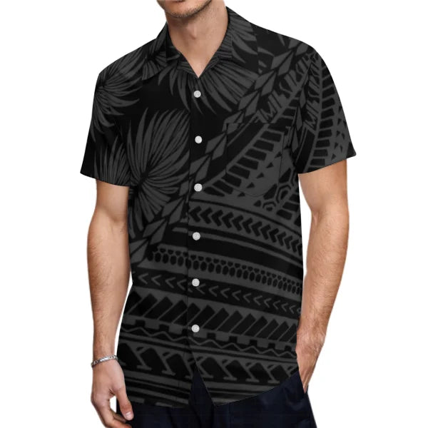 Polynesian Tribal Leaf Pattern Black Tropical Couples Matching Outfit Fishtail Skirt Dress And Shirt For Her Him