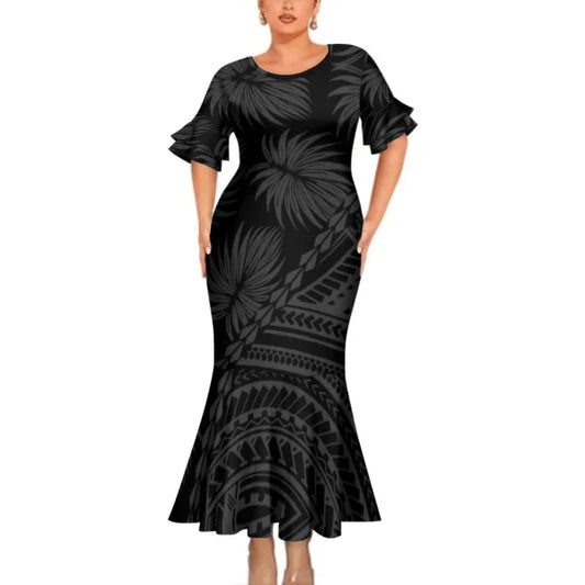 Polynesian Tribal Leaf Pattern Black Tropical Couples Matching Outfit Fishtail Skirt Dress And Shirt For Her Him