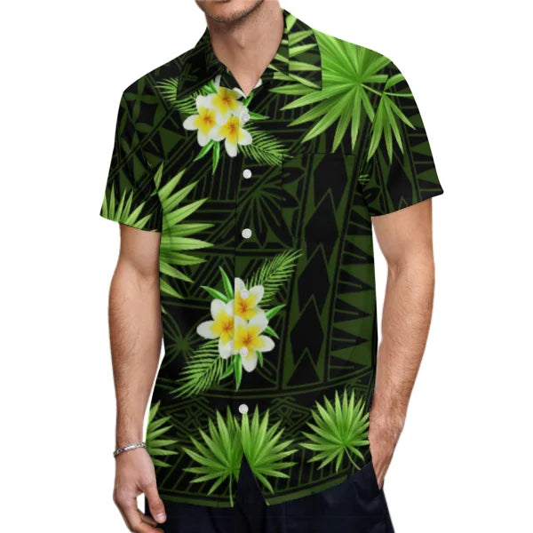 Plumeria Flowers Polynesian Tribal Pattern Party Matching Outfit For Couple Clothing Tropical Fishtail Dress And Hawaiian Shirt