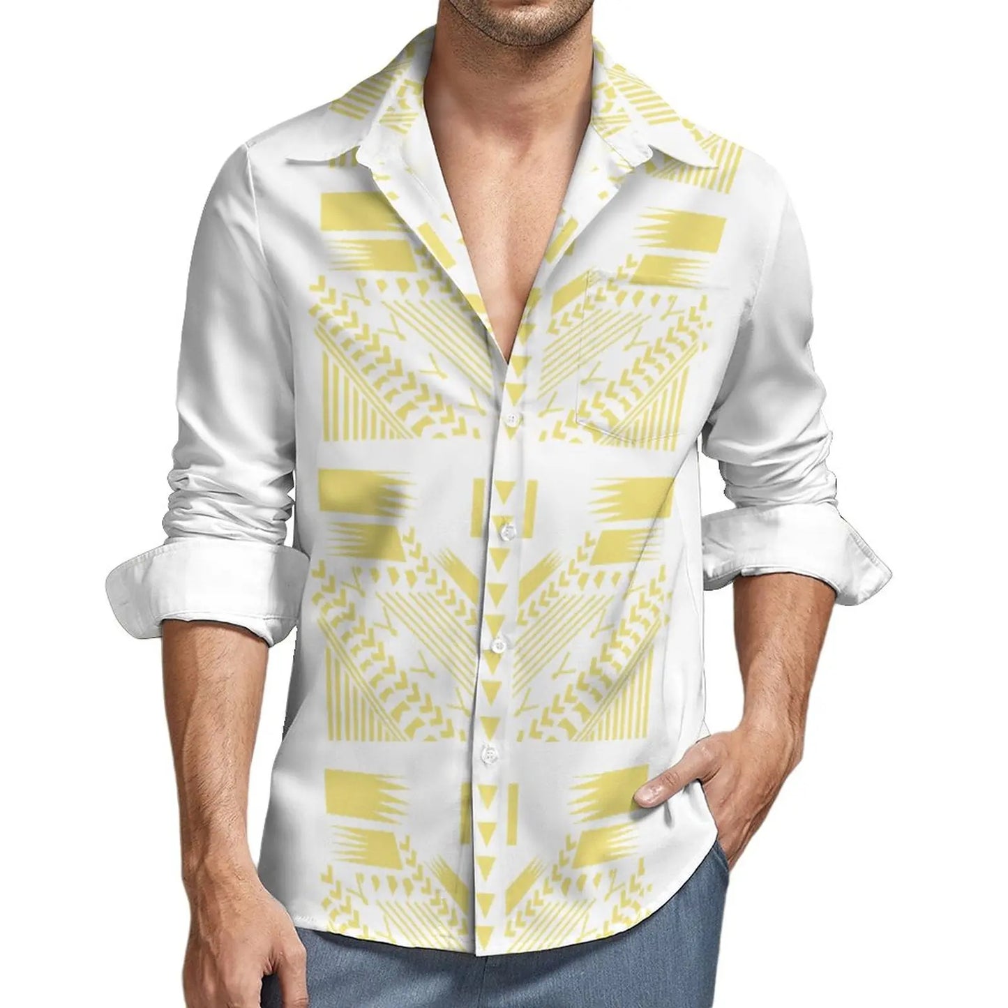 Samoan Puletasi Polynesian Set Traditional Tribal Pattern Yellow Matching Outfit For Couple Island Women's Puletasi Dress Men's Long Sleeve Button Shirt