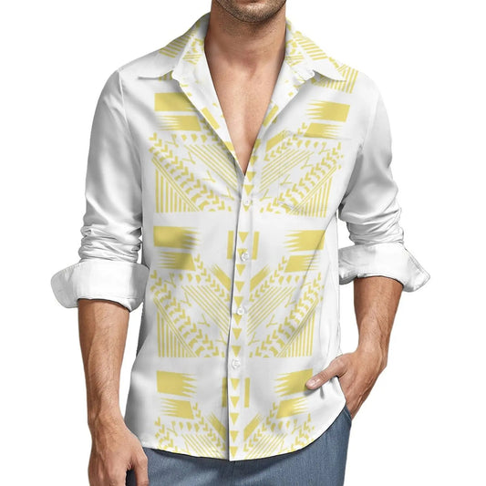 Samoan Puletasi Polynesian Set Traditional Tribal Pattern Yellow Matching Outfit For Couple Island Women's Puletasi Dress Men's Long Sleeve Button Shirt