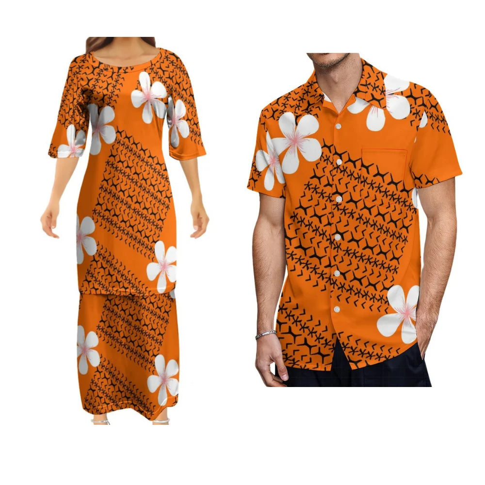 Samoa Tribal Matching Outfit Polynesian Dress And Hawaiian Shirt Couple Set
