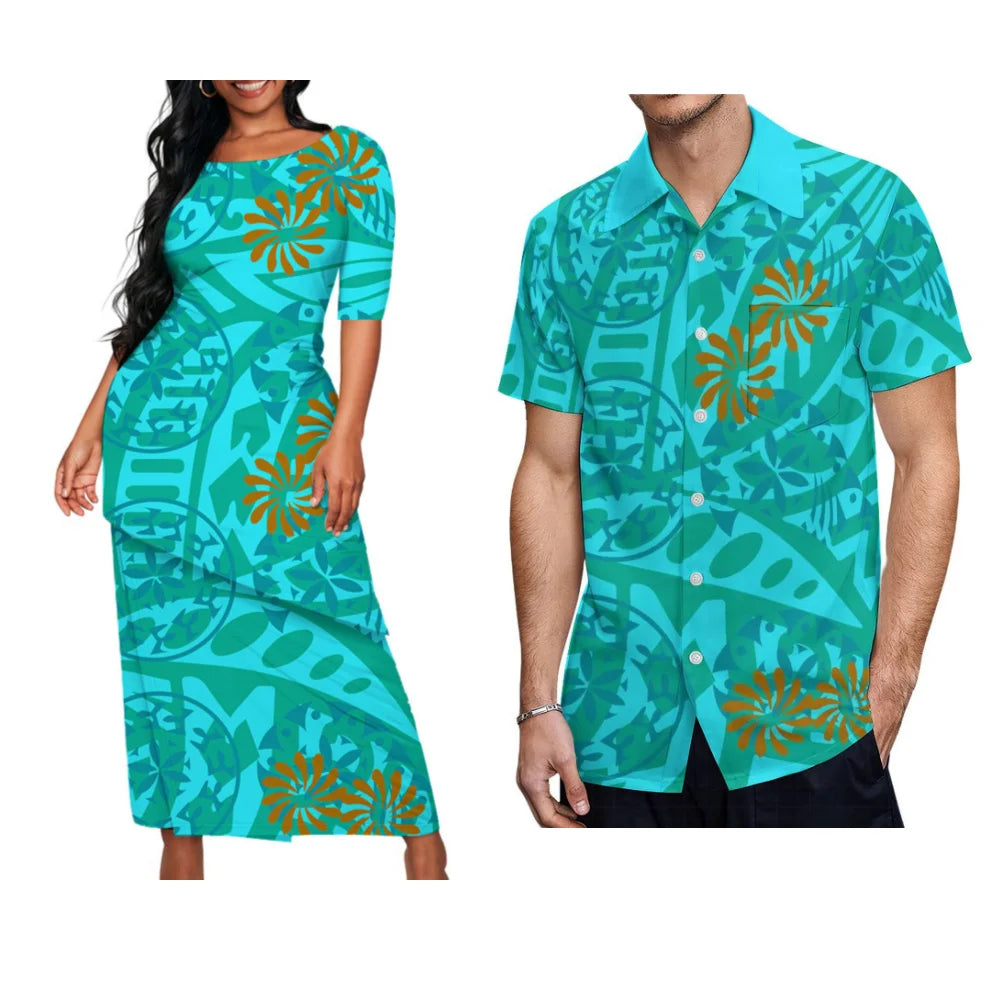 Flowers Polynesian Island Blue Matching Outfit For Couple Women Puletasi Men's Shirt For Him Her