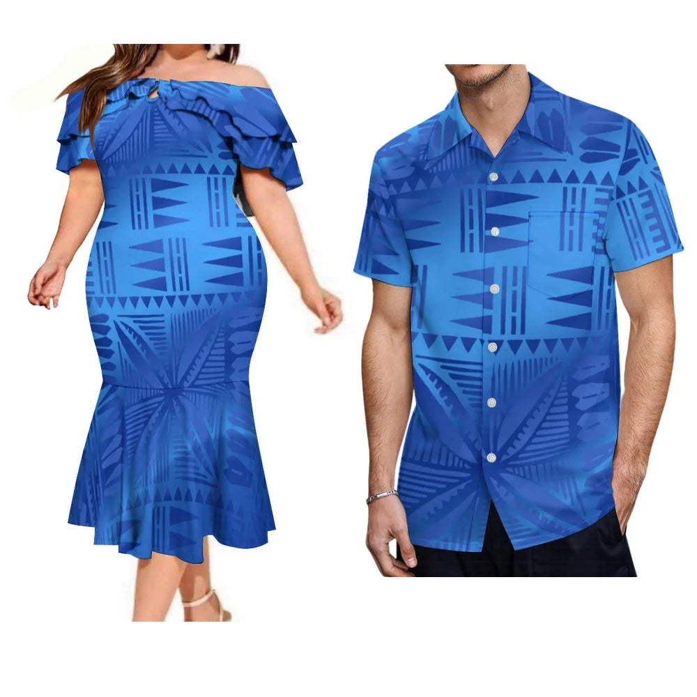 Island Style Blue Couple Suit Matching Outfit For Couple Polynesian Dress And Shirt Outfit Set