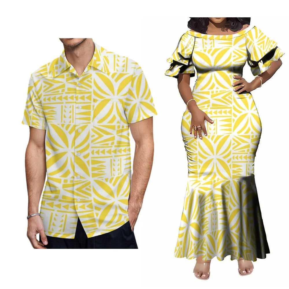 Polynesian Tribal Samoan Pattern Printed Couple Set For Her Him Tropical Short-Sleeved Fishtail Dress And Hawaiian Shirt